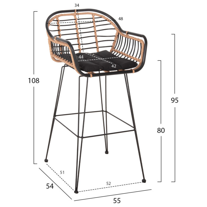 ΣΚΑΜΠΟ ΜΠΑΡ ALLEGRA HM5690.11 ΜΕΤΑΛΛΟ&ΜΑΞΙΛΑΡΙ ΜΑΥΡΟ-WICKER ΜΠΕΖ 55x54x108Υεκ.-2