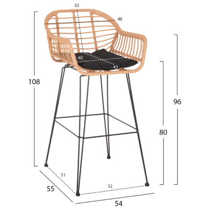 ΣΚΑΜΠΟ ΜΠΑΡ ΨΗΛΟ ALLEGRA HM5640.11 ΜΠΕΖ P.E. RATTAN-ΜΑΥΡΟ ΜΕΤΑΛΛΟ 54x55x108Υεκ.-2