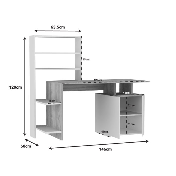 Γραφείο με βιβλιοθήκη Melis pakoworld χρώμα λευκό-sonoma 146x60x129εκ-2